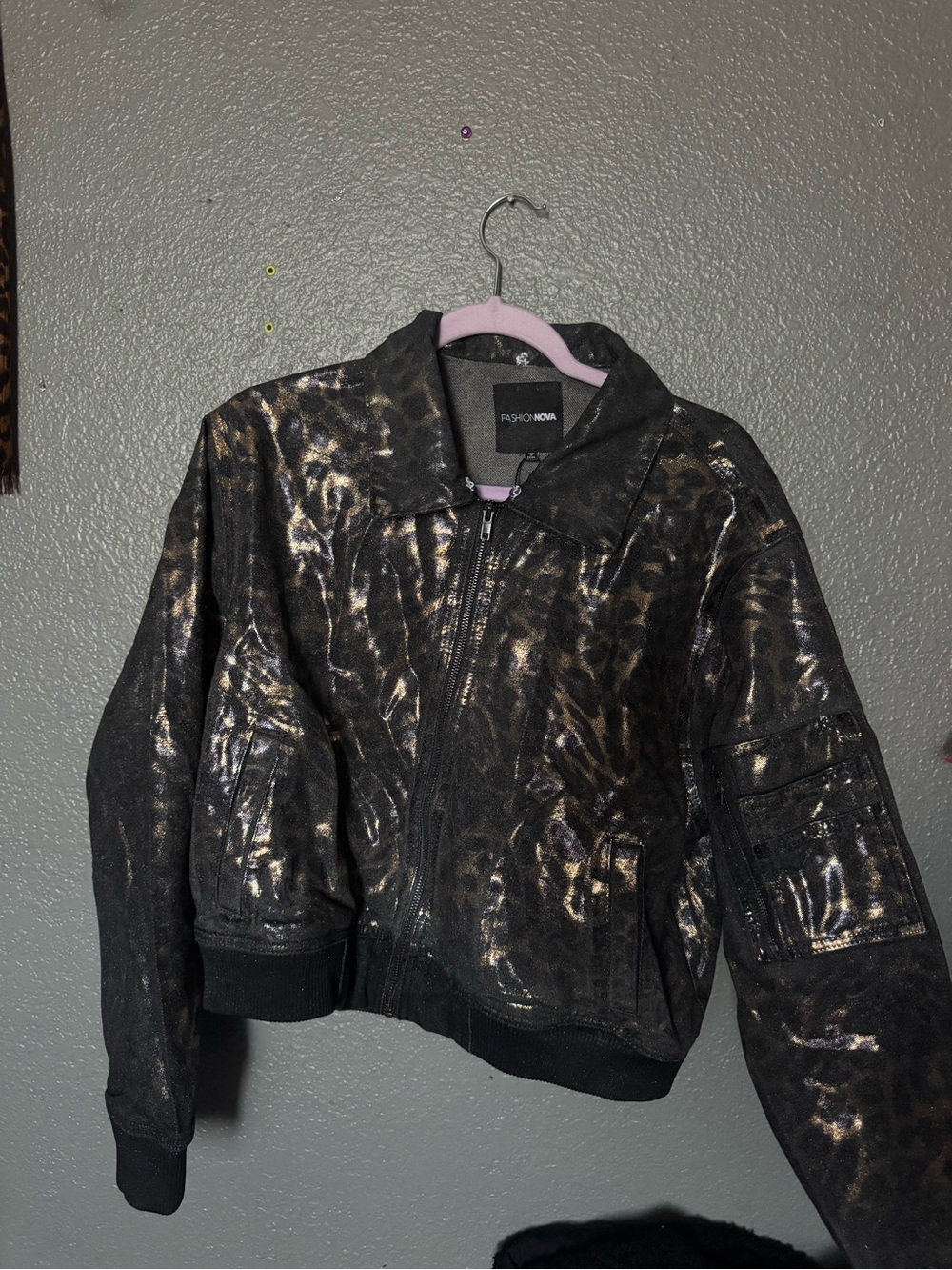 FASHION NOVA Women's Black Leopard Metallic Bomber Jacket